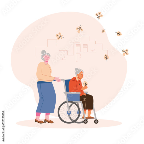 Elderly girlfriends or sisters in the autumn city park. Walking in a wheelchair. Vector illustration.