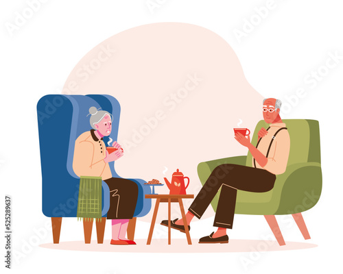 Elderly people - friends, family or couple drink tea in the home interior. Life and entertainment of the elderly. Vector illustration.