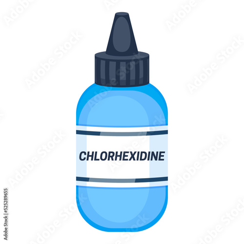 Chlorhexidine in blue plastic bottle cartoon vector illustration isolated on white background. Antiseptic vector illustration