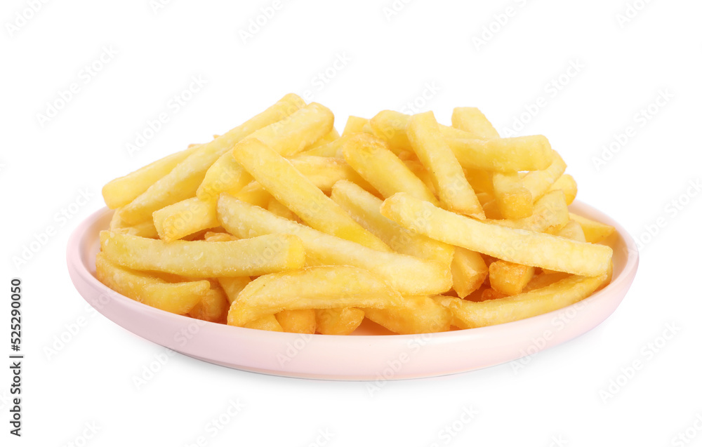 Plate with delicious french fries on white background Plate with delicious french fries on white background