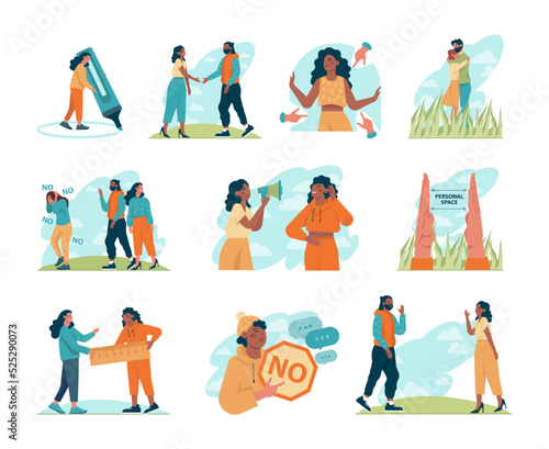 Personal space concept set. Characters setting, protecting and violating