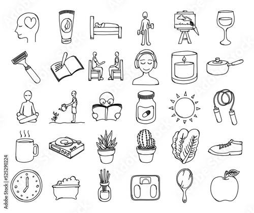 Healthy lifestyle Doodle vector icon set. Drawing sketch illustration hand drawn line eps10
