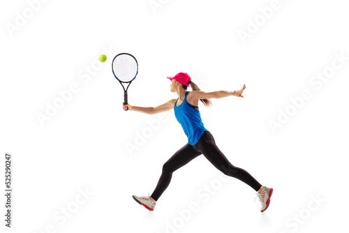 Portrait of sportive woman, tennis player playing tennis isolated on white background. Healthy lifestyle, fitness, sport, exercise concept.
