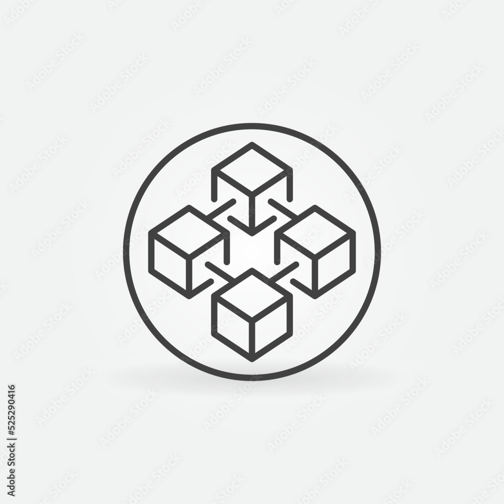Circle with Blockchain linear vector icon. Four connected blocks round symbol Circle with Blockchain linear vector icon. Four connected blocks round symbol