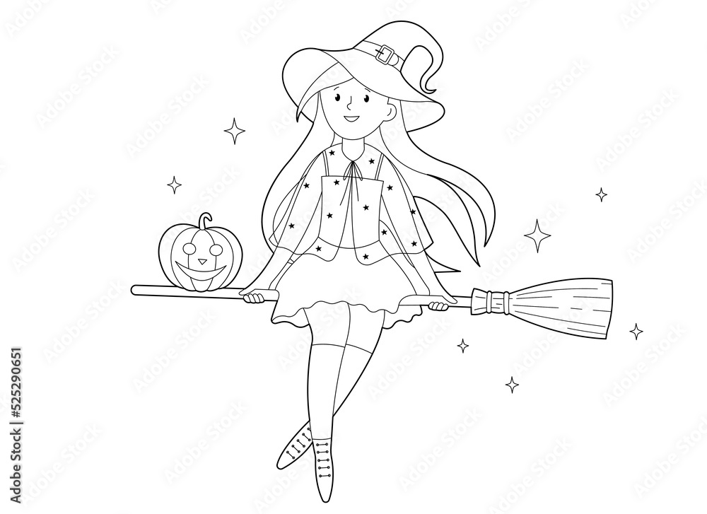Halloween cute witch flying on broom. Black and white vector ...