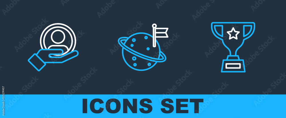 Set line Award cup, Hand for search people and Moon with flag icon. Vector Set line Award cup, Hand for search people and Moon with flag icon. Vector