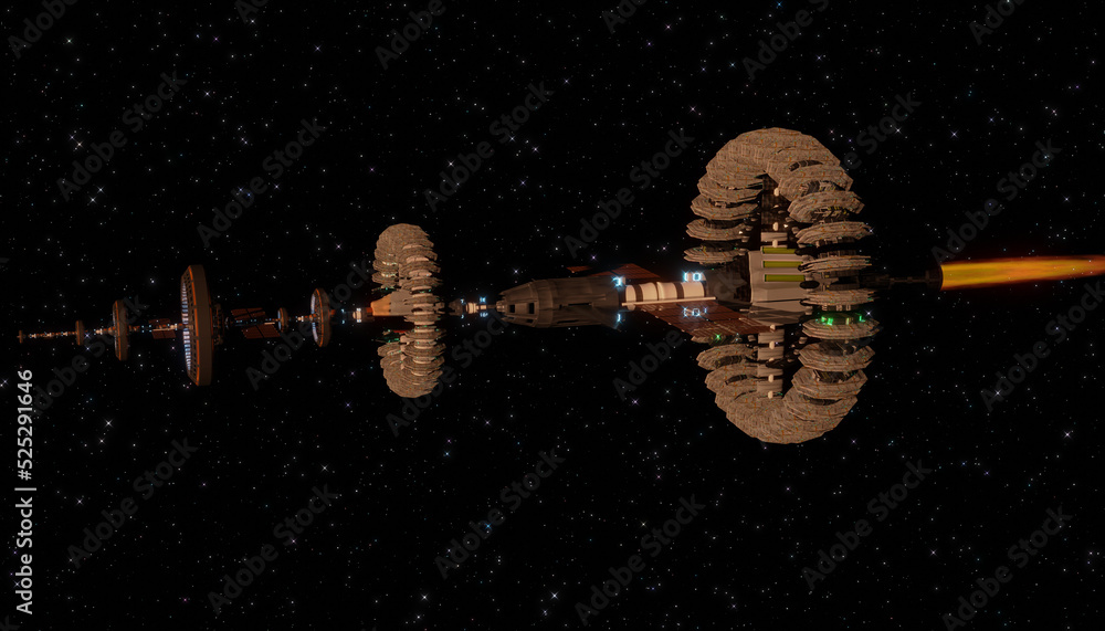 A 3D illustration of a generation spaceship. A 3D illustration of a generation spaceship.