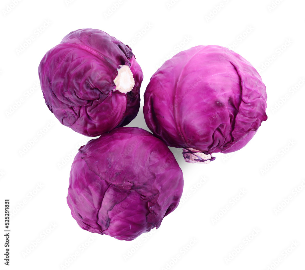 Obraz premium Fresh ripe red cabbages on white background, top view