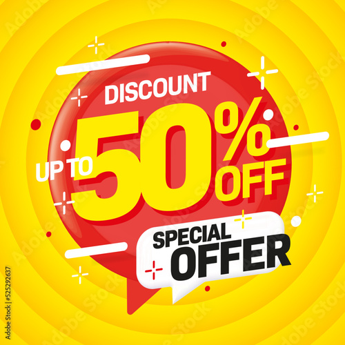 Up to 50 percent off discount. Special offer promotion. Sale sticker, banner or badge label for sale marketing campaign and half price clearance promotion vector illustration