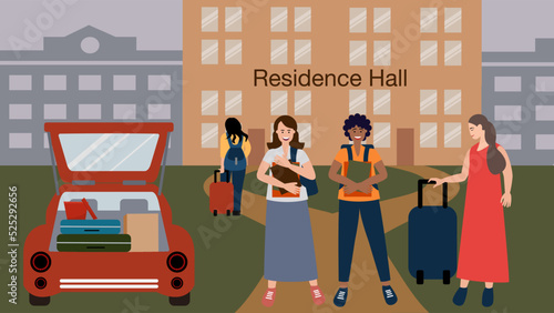 Group of female college student moving into residence hall at the beginning of school year. Open car back with suitcases and boxes