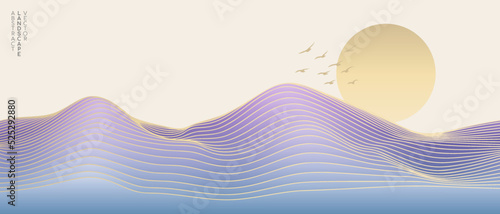 Vector abstract art landscape mountain with birds and sunrise sunset by golden line art texture and colorful pastel colors background. Minimal luxury style for wallpaper, wall art decoration.