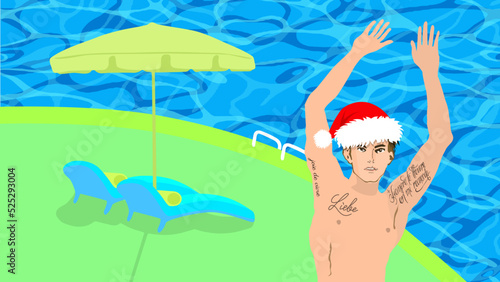 A Handsome man wears a red Xmas hat, holding two summer drinks in a bikini and smiling happily in a swimming pool with two blue chairs and a green umbrella, vector illustration	