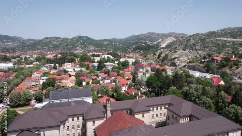 Aerial View, Cetinje Old Capital of Montenegro, Cityscape on Hot Summer Day, Drone Shot photo