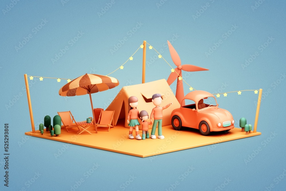 3D rendering of cartoon characters, a group of families are camping