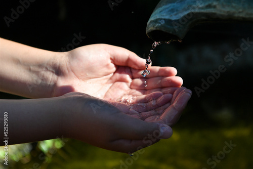 close up of a person holding a handful of water