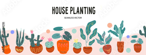Houseplanting and home gardening seamless background or repeatable vector border.