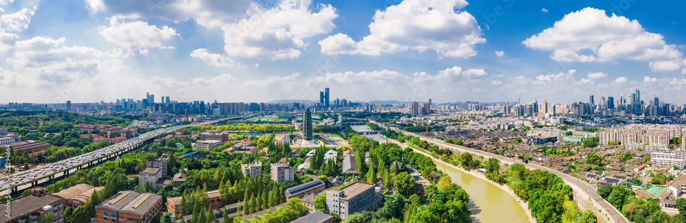 Fototapeta premium Aerial photography of Dabaoen Temple and Laomendong Historical and Cultural District in Nanjing City, Jiangsu Province, China under the blue sky
