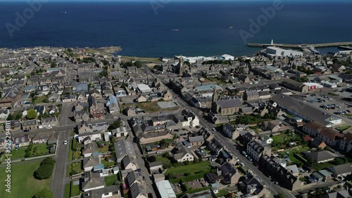 4K: Aerial Drone Video of Buckie, in Moray, Scotland UK. Circular shot of the town. Stock Video Clip Footage.  