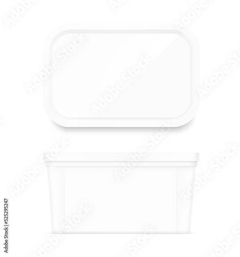 Food plastic container mockup with gloss label. Front and upper view. Vector illustration isolated on white background. Perfect for presentation your product. EPS10.