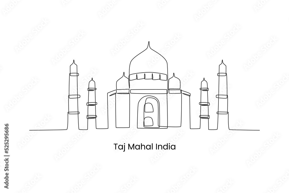 Continuous one line drawing taj Mahal palace landmark in Agra, India. Landmarks concept. Single line draw design vector graphic illustration.