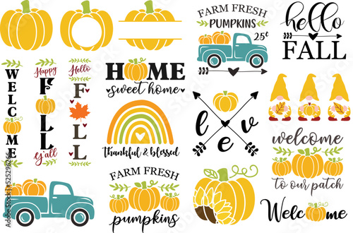 Fall Svg bundle - hello fall, welcome porch sign, farm fresh pumpkins truck. Autumn gnomes Svg cut file. Pumpkin clipart. Vector illustration isolated on white background. Farm harvest sign