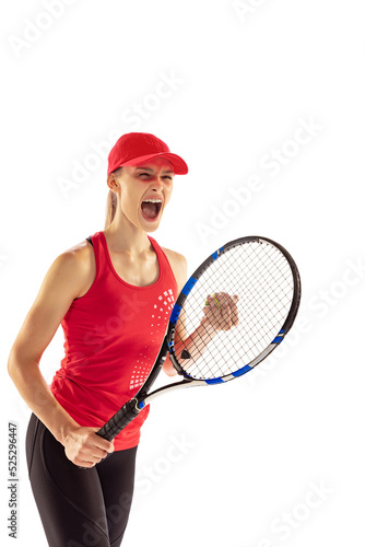 Excited young woman, tennis player shouting after sports win isolated on white background. Healthy lifestyle, fitness, sport, exercise concept.