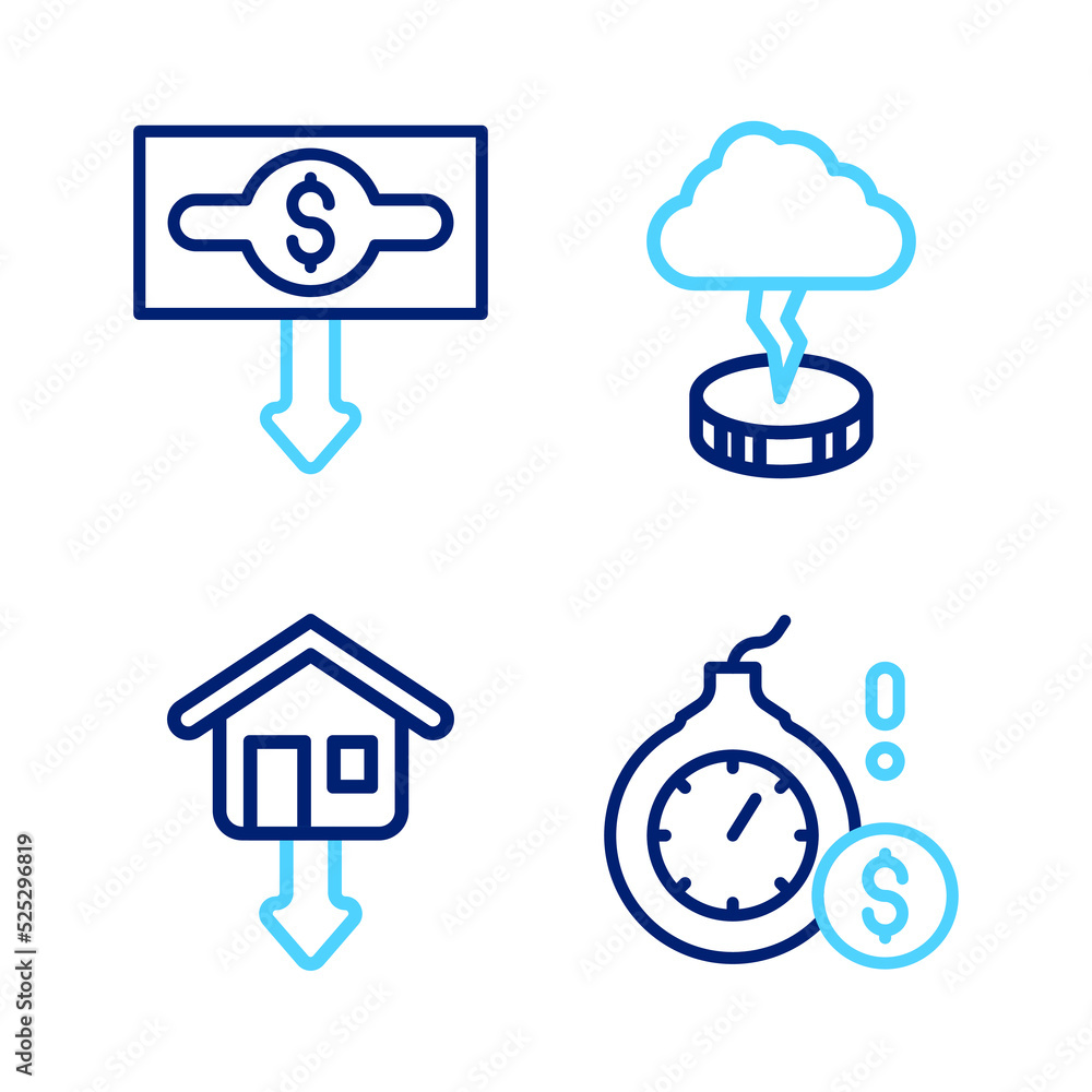 Set line Money bomb dollar crisis, Falling property prices, Storm and Dollar rate decrease icon. Vector Set line Money bomb dollar crisis, Falling property prices, Storm and Dollar rate decrease icon. Vector