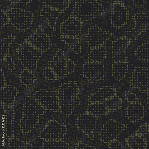 Digital military camouflage. Seamless camo pattern. Halftone dots background. Skin of a chameleon or snake. Dark khaki green color. Abstract texture for print on fabric, textile or paper. Vector