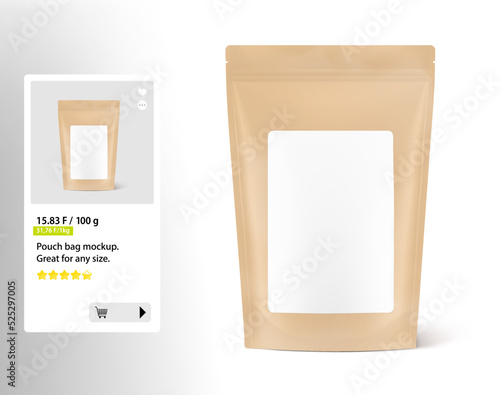 Kraft pouch bag mockup with different labels. Vector illustration isolated on white background. Perfect for promoting your product in any size. EPS10.