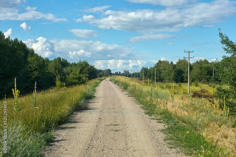 Scenic landscape with gravel road and blue sky with clouds.