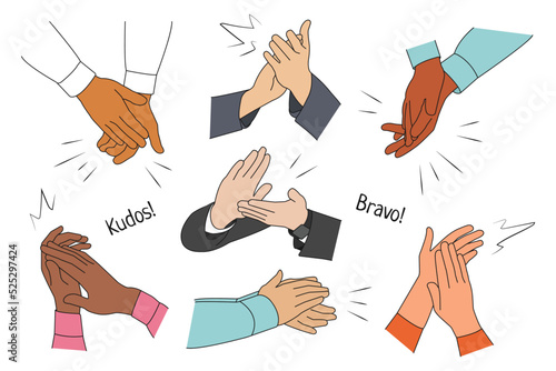Hands of various people male or female Applaud. Cheering, ovation, Applauding concept. People thank speaker or trainer for presentation. Excited Audience Clap after performance. Vector illustration.