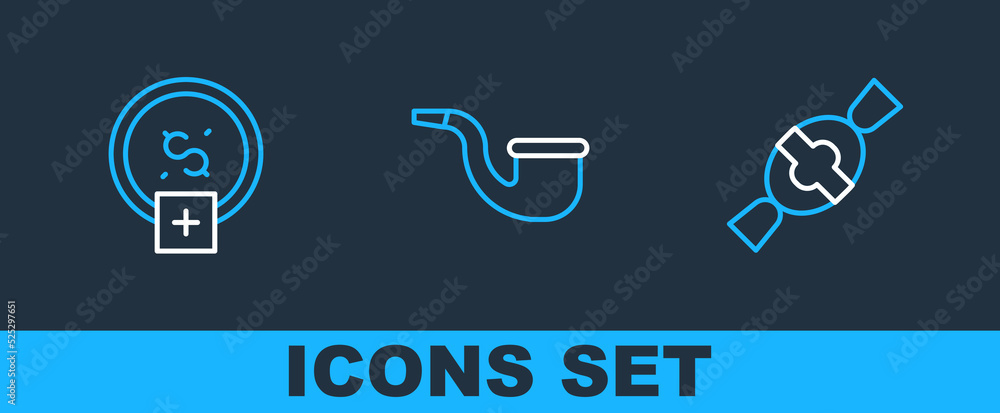 Set line Candy, Stop smoking, money saving and No pipe icon. Vector Set line Candy, Stop smoking, money saving and No pipe icon. Vector