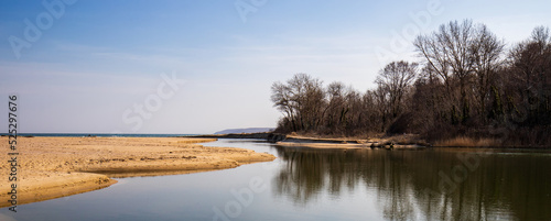 Obraz na płótnie Panoramic view of large estuary of the Kamchia River, flowing into the Black Sea, Bulgaria w salonie