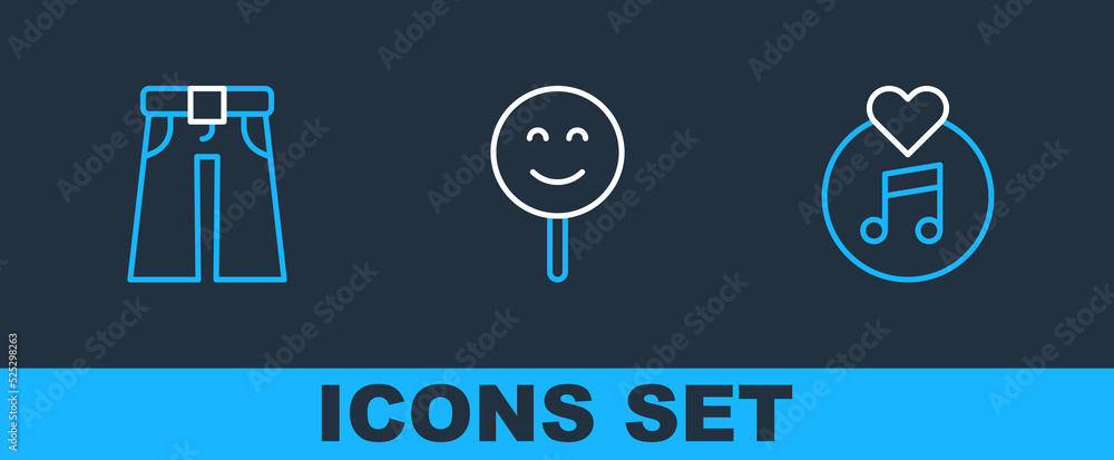 Set line Vinyl disk, Jeans wide and Smile face icon. Vector Set line Vinyl disk, Jeans wide and Smile face icon. Vector