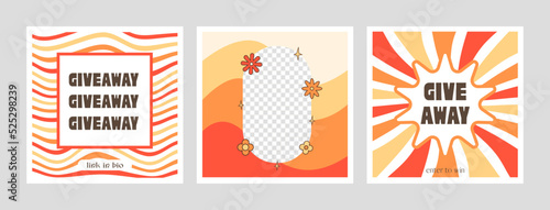Giveaway winner announcement social media post template. Funky nostalgic design. Retro 60s 70s aesthetic backdrops, vintage wavy distorted backgrounds. Set of square posters in Y2K style. Vector.