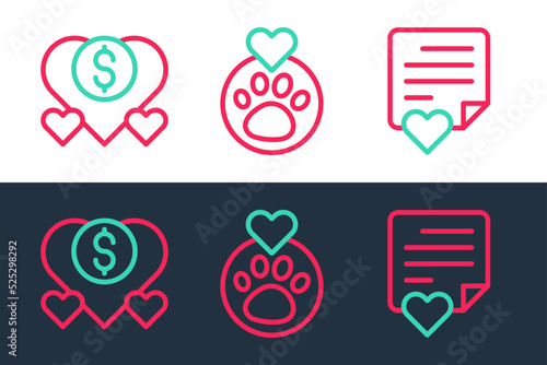 Set line Envelope with heart, Donation and charity and Heart animals footprint icon. Vector