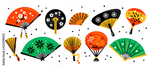 Asian hand fans. Chinese handheld paper accessories. Vintage cultural objects. Traditional souvenirs with flower ornaments. Oriental attributes. Japanese clothing. Garish vector set