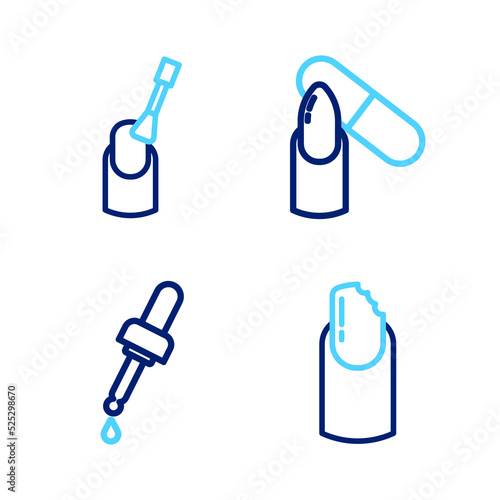 Set line Broken nail, Pipette with oil, Nail file and manicure icon. Vector