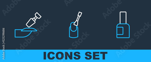 Set line Bottle of nail polish, Milling cutter for manicure and Nail icon. Vector