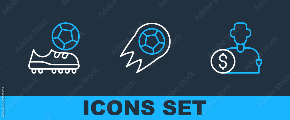 Set line Buy football player, Football shoes and Soccer icon. Vector Set line Buy football player, Football shoes and Soccer icon. Vector