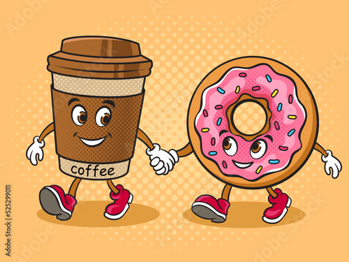 coffee and donut friends walking together pop art retro vector illustration. Comic book style imitation.