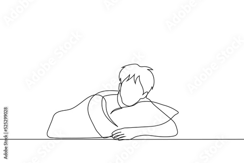 man shaggy raised his head from the pillow which he hugs with both hands - one line drawing vector. concept to wake someone up early in the morning