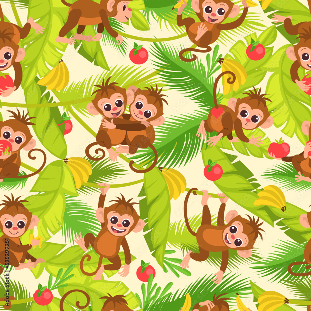 Fototapeta premium Cute monkeys seamless pattern. Cartoon little primates in jungles. Marmosets hugging on rainforest lianas. Animals eating banana and playing in tropical leaves. Splendid vector background