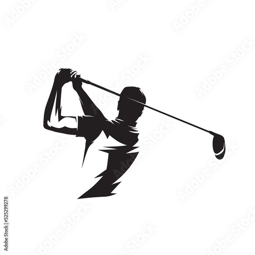 Golf player logo, abstract isolated vector silhouette. Golfer with driver