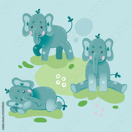 Set of three cute baby elephants in different poses on blue background.