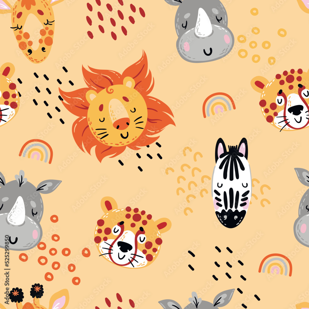 Seamless pattern with cute african animals heads on light yellow vbackground. For children textile design, wallpapers and wrapping paper. Seamless pattern with cute african animals heads on light yellow vbackground. For children textile design, wallpapers and wrapping paper.