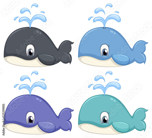 Set of different cute whale cartoon characters