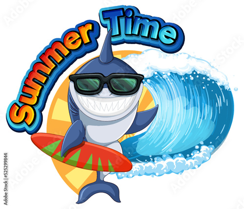 Cute shark cartoon character surfing