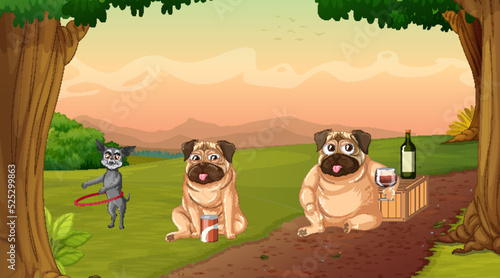 Outdoor park scene with many dogs and camels