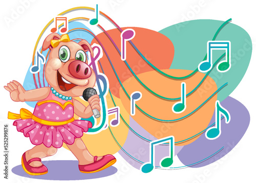 Singer piggy cartoon with music melody symbols